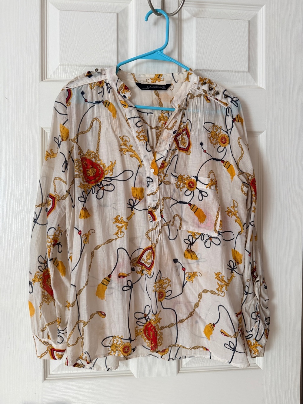 ZaraWomen’s Cream Printed Long-Sleeve Blouse with Gold & Red Accents